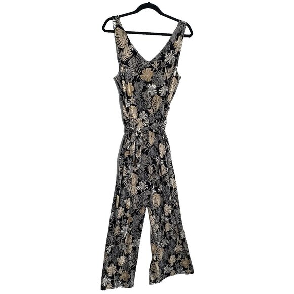 J JILL Wearever Women Plant Leaf Jumpsuit Wide Leg Sz MP Black Tan Gold 52-25 - Picture 1 of 15